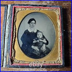 1/6 Plate Ambrotype Photo of Beautiful Woman with Baby in Wood Case