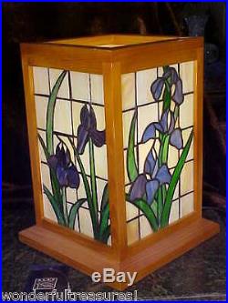 1 ONLY! GENUINE HM STAINED GLASS Lamp Irises ALL 4 SIDES & WOOD Frame Case FAB