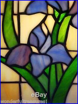 1 ONLY! GENUINE HM STAINED GLASS Lamp Irises ALL 4 SIDES & WOOD Frame Case FAB