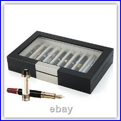 10 Pen slot Fountain Ebony Wood glass Display Case Organizer Storage Box Jewelry