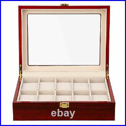 10 Slots Watch Display Case Ebony Wood Organizer Glass Jewelry Box Storage Gift