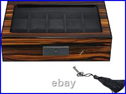 10 Slots Wooden Watch Display Case Glass Top Jewelry Collection Storage Box Orga