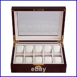 10 Watch Organizer Display Case Walnut Wood Glass Top Jewelry Box Storage Gift