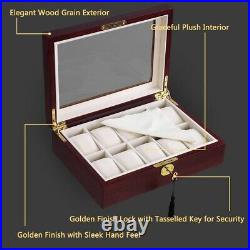 10 Watch Organizer Display Case Walnut Wood Glass Top Jewelry Box Storage Gift