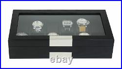 12 Black Wood Watch Box Display Case Jewelry Organizer Glass Top Stainless