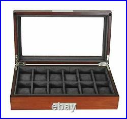 12 Cherry Wood Watch Box Display Case Storage Jewelry Organizer with Glass Top