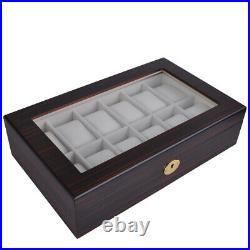 12 Ebony Wood Glass Top Watch Display Case Jewelry Box Collector Storage Gift