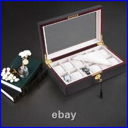 12 Ebony Wood Glass Top Watch Display Case Jewelry Box Collector Storage Gift