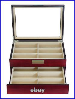 12 Piece Cherry Wood Eyeglass Sunglass Two Level Display Case Drawer Storage Box