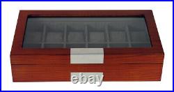 12 Slot Watch Storage Display Chest Box Case Mahogany Wood Glass Top Cabinet