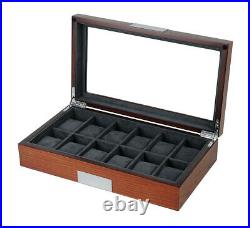 12 Slot Watch Storage Display Chest Box Case Mahogany Wood Glass Top Cabinet