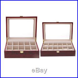 12 Slot Wood Watch Display Case Holder Glass Top Jewelry Storage Organizer