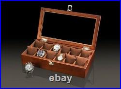 12 Slots Wrist Watch Box Display Case Wooden Glass Top Jewelry Storage Organizer