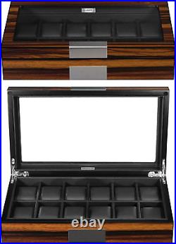 12 Watch Box for Men Watch Display Case Wood Luxury Watch Box with Large Glass W