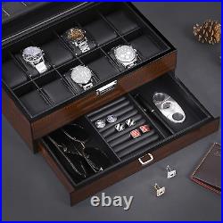 12 Watch Box with Valet Drawer, Luxury Watch Case, Watch Organizer Real Glass Top
