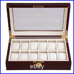 12 Watch Organizer Display Case Walnut Wood Glass Top Jewelry Box Storage Gift