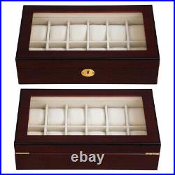 12 Watch Organizer Display Case Walnut Wood Glass Top Jewelry Box Storage Gift