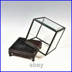16x16x16cm Ebony Wood Trim Display Cover Transparent Glass Doll Antique
