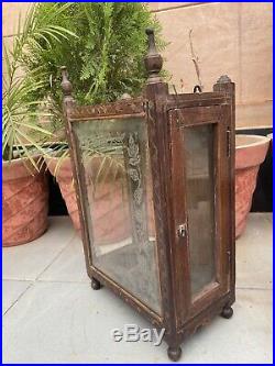1800's Ancient Wood Inlaid Floral Glass Side Door Wall Fixing Box Case Rare Old