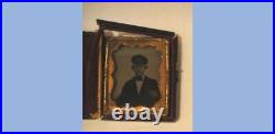 1860 antique AMBROTYPE PHOTO UNIFORM or SOLDIER thick glass brass wood case