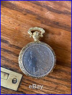 1884 Morgan Silver Dollar Pocket Watch In Glass/wood Case And Free Shipping