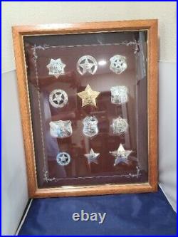 1987 Franklin Mint 12 Sterling Silver Western Lawmen Badges In Wood & Glass Case