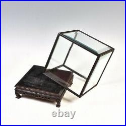 19x19x19cm Ebony Wood Trim Display Cover Transparent Glass Doll Antique