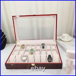 1x Mahogany Red Glass Top 24 Slots Watch Box Ebony Wood Watch Display Case