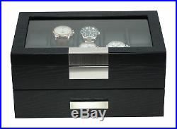 20 Black Ebony Wood 2 Level Watch Case Jewelry Storage Drawer Glass Top Display
