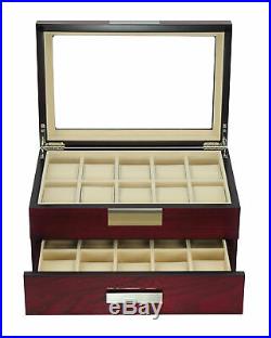 20 Cherry Wood 2 Level Watch Case Jewelry Storage Drawer Glass Top Display Case