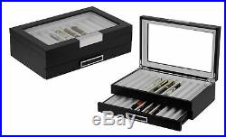 20 Pen Black Ebony Wood Display Case Fountain Storage Box Black Handle Glass Top