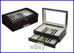 20 Pen slot Fountain Ebony Wood glass Display Case Organizer Storage Box Jewelry
