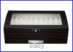 20 Pen slot Fountain Ebony Wood glass Display Case Organizer Storage Box Jewelry