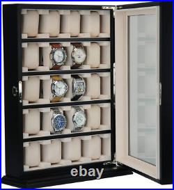 20 Piece Black Ebony Wood Watch Display Wall Hanging Case and Storage Organizer