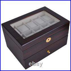 20 Slot Ebony Glass Top Jewelry Organizer Watch Jewelry Box Display Case