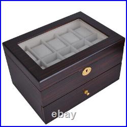 20 Slot Ebony Wood Watch Box Display Case Glass Top Jewelry Storage Organizer
