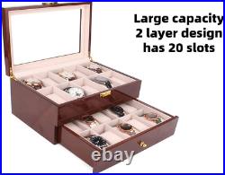 20 Slots Wooden Watch Box Glass Top Men Watches Display Case Organizer Women Wat