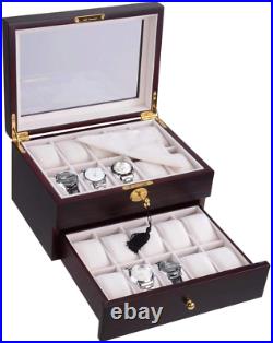 20 Slots Wooden Watch Display Case Glass Top Jewelry Collection Storage Box Wood