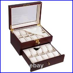 20 Top Walnut Wood Glass Watch Display Case Jewelry Box Collector Storage Gift