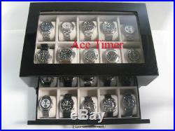20 Watch (Premium) Glass Top Black Lacquer Display Case Fits Up to 60mm + Cloth