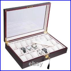 24 Ebony Wood Mens Watch Display Glass Top Case Organizer Collector Jewelry Box