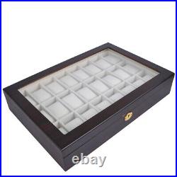 24 Ebony Wood Mens Watch Display Glass Top Case Organizer Collector Jewelry Box