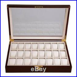 24 Slot Watch Display Case Cherry Wood Glass Top Jewelry Box Collector Mens Gift