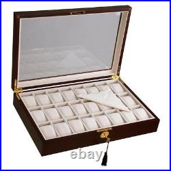 24 Slot Watch Display Case Walnut Wood Glass Top Jewelry Box Collector Mens Gift