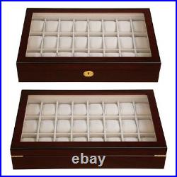 24 Slot Watch Display Case Walnut Wood Glass Top Jewelry Box Collector Mens Gift