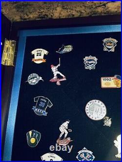 29 Baseball Pins Wood Glass Case Signature Action Brooklyn Dodgers Houston Colts