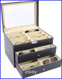 3 Layer Black Sunglasses Display Case, PU Leather Eyeglass Storage Box, Glasses