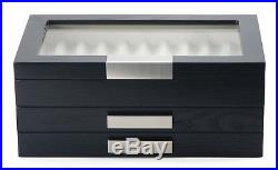 30 Piece Black Ebony Wood Three Level Pen Display Case with Glass Window
