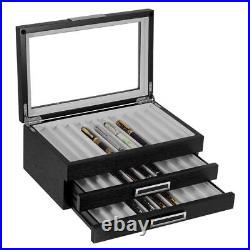 30 Piece Black Ebony Wood Three Level Pen Display Case with Glass Window