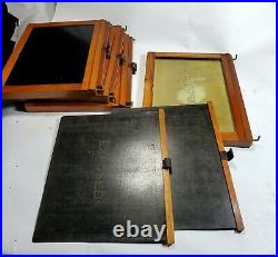4 Antique 5 x 7 Wood Frames for glass view camera film holders with leather case